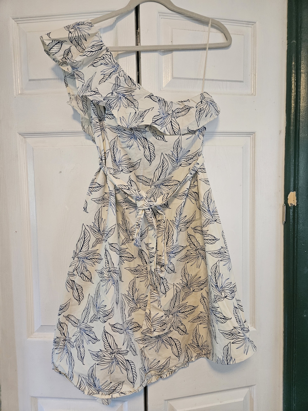One-Shoulder Cream Dress with Blue Leaf Print